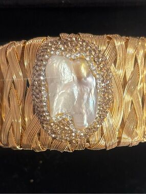 Gold-Tone mother of Pearl & Crystal Statement Cuff Bracelet